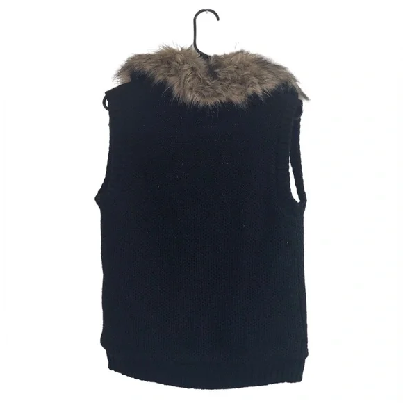 Pink Rose Women's  black and Brown Sweater Vest, Sherpa lined, Faux Fur Collar - Picture 2 of 6
